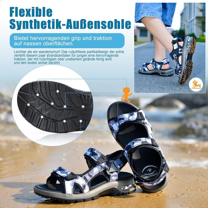 Сандалі дитячі Visionreast для хлопчиків, пляжні, спортивні, трекінгові, з повітряною подушкою, протиковзкі, літні, сірі камуфляжні (29 EU)