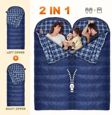 Сплячий мішок XXL для дорослих, 3-4 сезони, фланель, для кемпінгу та зимового відпочинку, 230x90 см, з сумкою, вологостійкий та теплий, блакитний