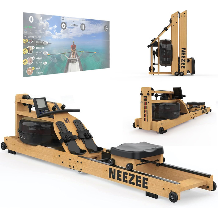Водний гребний тренажер Neezee для дому, складаний, з масиву дерева, Bluetooth-дисплей, тримач для планшета, навантаження до 200 кг, сумісний з Kinomap