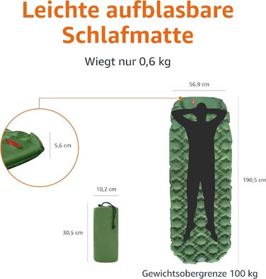Килимок для кемпінгу Amazon Basics, легкий, водонепроникний, з ножною помпою, 5.6 см товщиною, оливковий, M