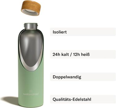 Термопляшка Waterdrop Edelstahl 600 мл з нержавіючої сталі: герметична, для газованих напоїв, без BPA, двостінна, для гарячих та холодних напоїв - для подорожей, офісу, фітнесу
