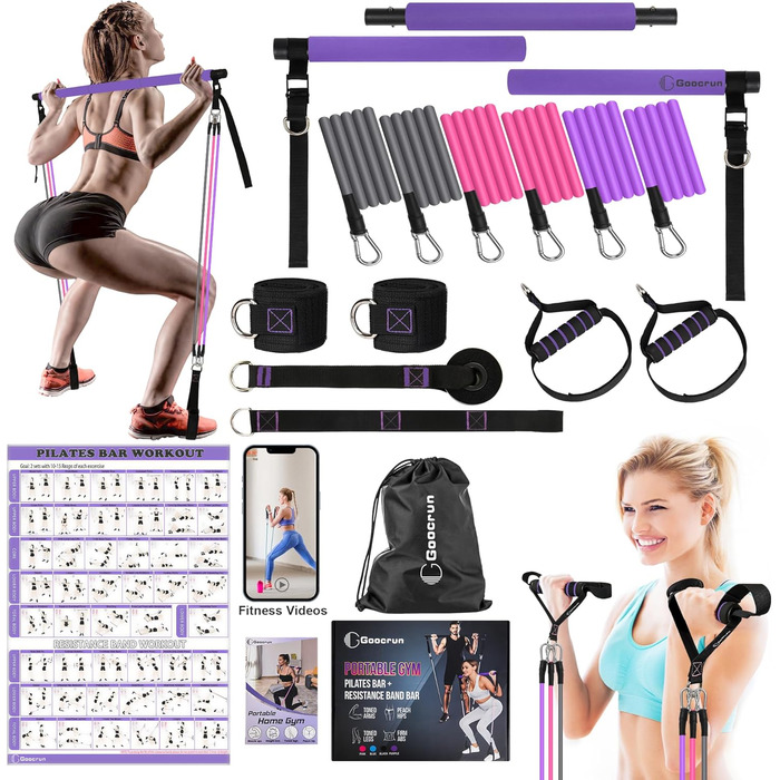 Портативна фітнес-палка Pilates з еспандерами, ручками, дверним якорем, ременями для щиколоток і подовжувальними стрічками, з фітнес-постерами та відео, фіолетова, універсальна