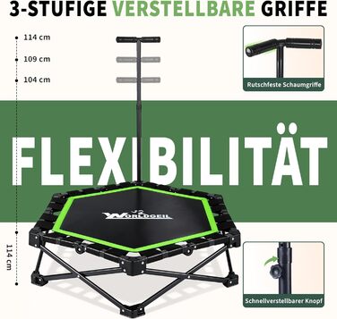 Складаний фітнес-батут для дому з регульованою ручкою, навантаження до 150 кг, Ø 86.5 см, для дорослих та дітей (Зелений)