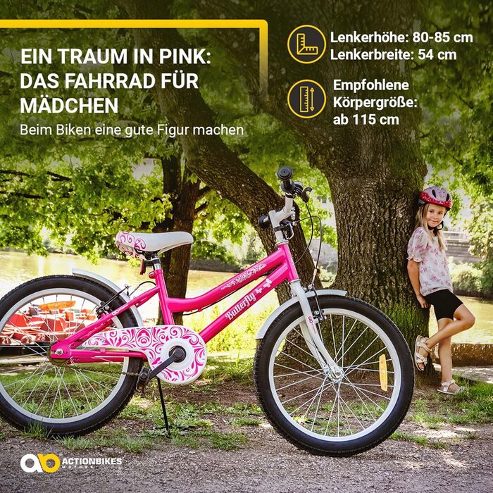 Детский велосипед Actionbikes Butterfly, 20 дюймов, V-Brake тормоза, защита от грязи спереди и сзади, для девочек 6-9 лет, белый/розовый