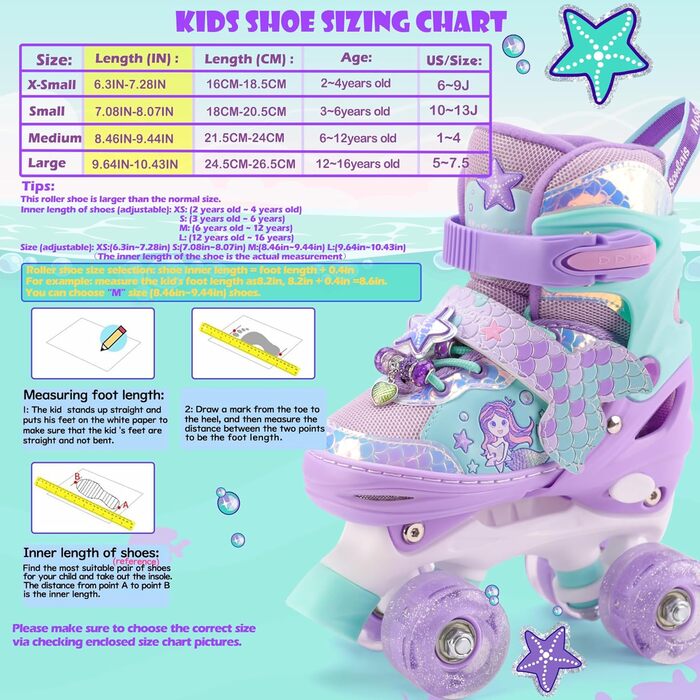 Дитячі ролики Meerjungfrau для дівчаток, 4 розміри, регульовані, з підсвічуванням, для початківців, фіолетові