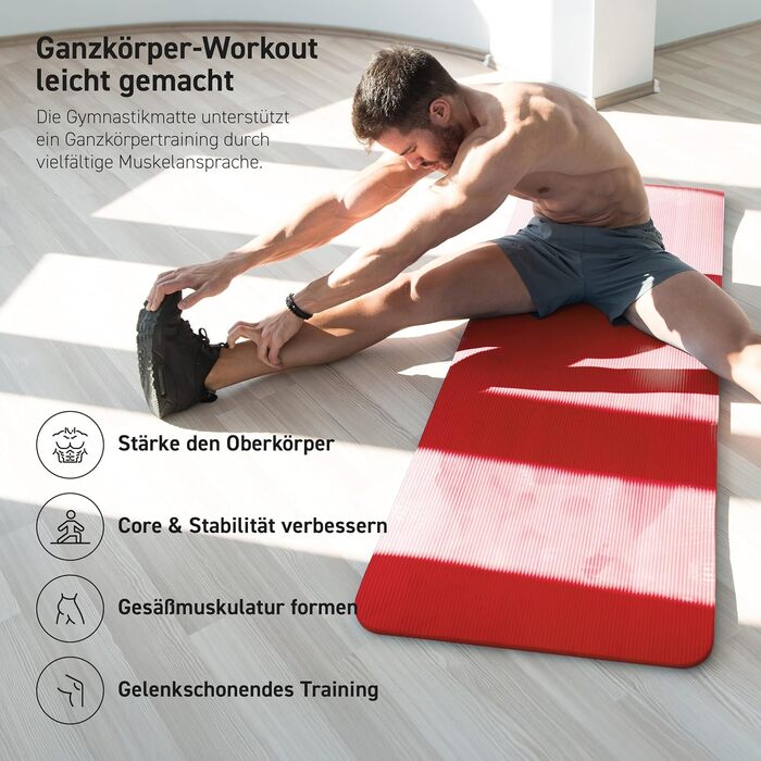 Фітнес-килимок MSPORTS Premium для йоги та гімнастики, 190 x 60 x 1,5 см, рубіновий червоний — гіпоалергенний, без фталатів, з ременем для перенесення та додатковими аксесуарами