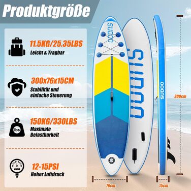 Надувний SUP Борд для вейкбордингу (2+1 особи/сім'ї), Surfboard для дорослих, вантажопідйомність до 150 кг, повний комплект з веслом, плавниками та рюкзаком (SUP20YG-Blue White)