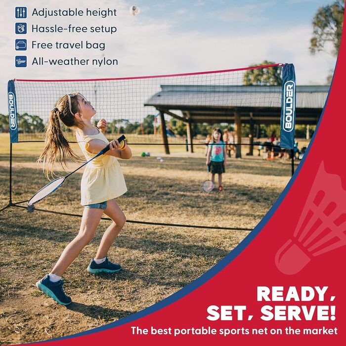 Набір для бадмінтону Boulder Portable - для тенісу, софт-тенісу, піклбол, дитячий волейбол. Легкий монтаж, нейлонова сітка з опорами (синьо-червоний, 5.18 м)