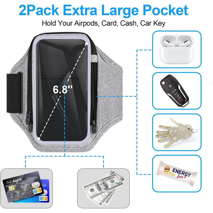 Спортивний браслет для телефону з кишенею для навушників, чохол для телефону для бігу 6.9 дюймів, кріплення на руку для iPhone 17 16 15, спортивний браслет, знімний тримач для телефону, для джоггінгу (світло-сірий)