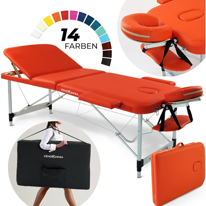 Мобільний масажний стіл Vendomnia з алюмінієвим каркасом, 3 зони, регулювання висоти, з високоякісною підголівником та сумкою, підлокітники, складний, помаранчевий колір