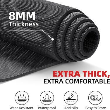 Фітнес-мат GymCope XXL, нековзкий, 183x122 см, 8 мм, PVC, чорний – килимок для йоги, пілатесу та гімнастики, зносостійкий, для спорту вдома та в залі