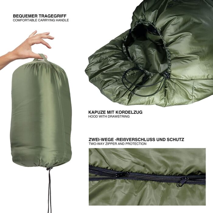 Спальний мішок LightDry® Mumien Thermo 3-сезонний з мікрофібри до -13°C; Легкий, компактний, теплий (Оливковий)