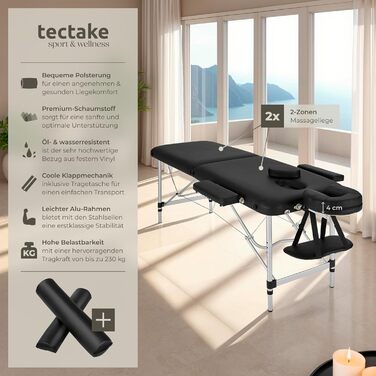 Масажний стіл Tectake 801044: складний, регульований по висоті, алюмінієвий, з підголівником та підлокітниками, мобільний, з сумкою, повний/південний ролик (чорний)