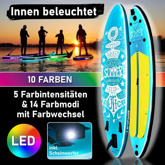 Надувний SUP Board BRAST з LED-підсвічуванням | Комплект для станд-ап паддлінгу | 320x81x15 см | 4 дизайни | LED-підсвічування 10 кольорів | 5 років гарантії | 2в1: весло + сидіння для каяка | Тримач для Action-Cam | Петля для ноги (Summer Petrol)