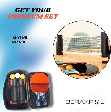 BERAXPOL Набір для настільного тенісу Premium, портативний, все в одному | М'ячики, сітка, сумка | Для сім'ї, подарунок