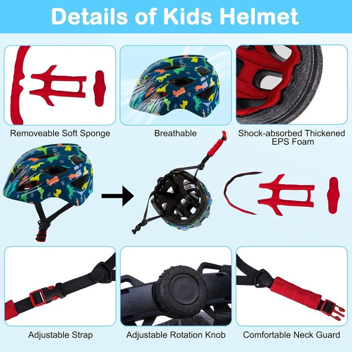 Дитячий шолом Kinderhelm для велосипеда, 3-8 років, дівчатка, регульований, комплект наколінників, блакитний динозавр