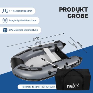 Надувний човен NEXX 260cm для риболовлі та відпочинку на воді - з сидінням та веслами, сірий