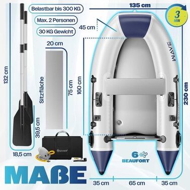 Надувний човен KESSER® Wave 230-320 см, комплект 6 в 1: човен, лавка, насос, весла, ремкомплект, сумка. Для моря, річки, мотора. Сіро-блакитний