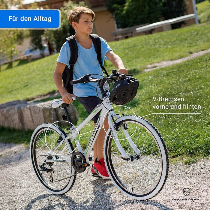 Дитячий велосипед Bergsteiger Kansas 24 дюйми, Shimano 6 передач, для хлопчиків і дівчат 8-11 років, чорний, гірський, з білими шинами