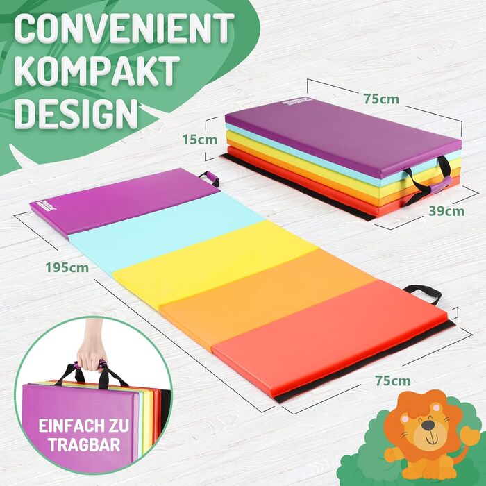 Складаний гімнастичний мат для фітнесу та tumbling 195x75x3 см з ручками, м'який спортивний мат для дітей та активних ігор (Beschwingt)