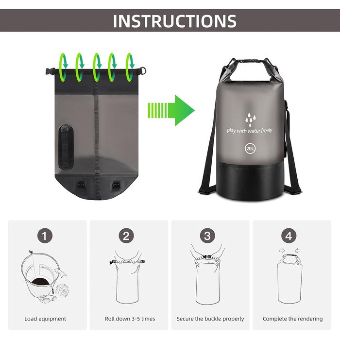 Водонепроникний мішок Drysack 20 л Roll-Top з кишенею для телефону – для каякінгу, човнів, походів, рафтингу, плавання, кемпінгу та риболовлі (Чорний)