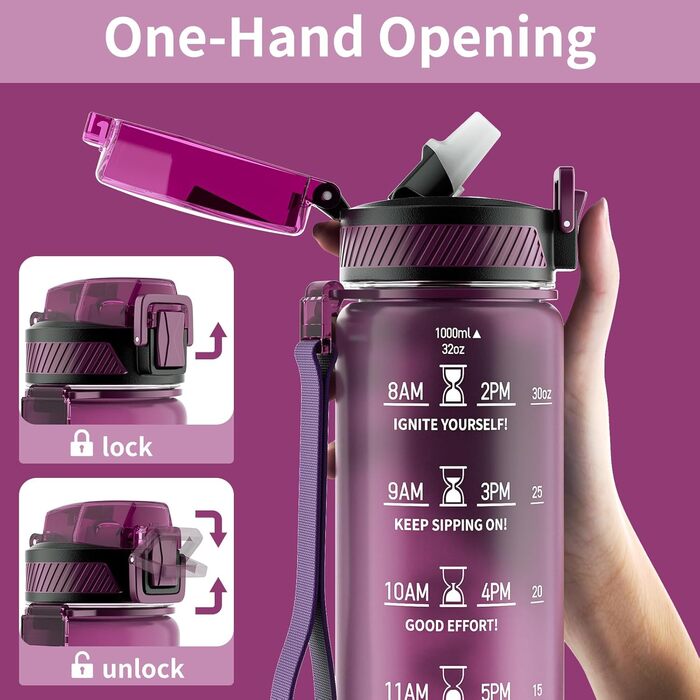 Спортивна пляшка для води 1л Tritan без BPA з трубочкою, з маркуванням часу та щіткою, для фітнесу, школи, йоги, активного відпочинку (1 шт., Рожевий)