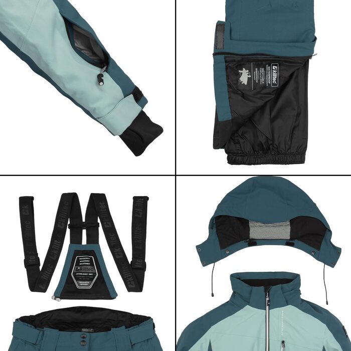 Комплект жіночого гірськолижного костюма Killtec - куртка та штани, водонепроникний та дихаючий, 10000 мм водяний вищий показник, без PFC, куртка зі снігозахисним манжетом, штани з кантозахистом, 2-х частинний, petrol / світло-петроль