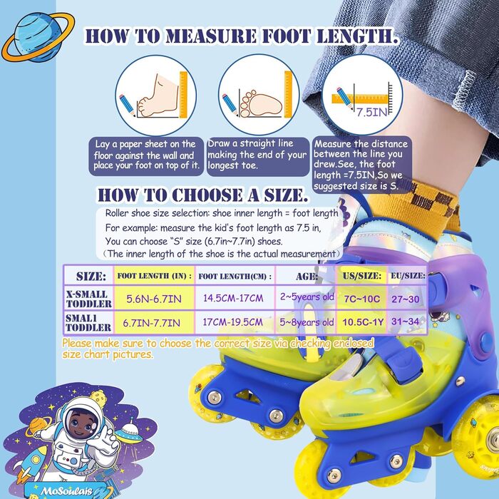 Дитячі ролики Kinder для дівчаток та хлопчиків, Єдиноріг, Русалка, світлові колеса, регульовані, для початківців, XS(27~30), блакитний