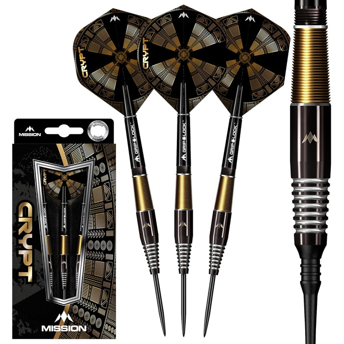 Набір дротиків Mission Darts Crypt 90% вольфрам, чорні та золоті, PVD-покриття, сталевий наконечник, різні стилі та ваги