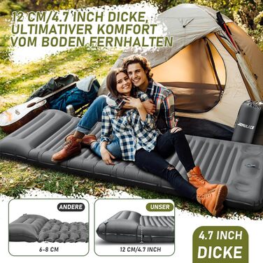 Isomatte Camping 12 см: Надувний килимок для кемпінгу з компактним розміром та насосом, ультралегкий, водонепроникний, анти-ріпстоп для походів та пляжу (сірий)