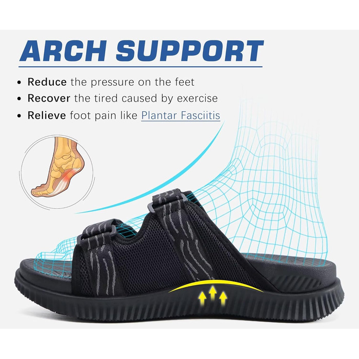 Чоловічі спортивні сандалі KuaiLu з м'якою устілкою, ортопедичні для фасціїту, для активного відпочинку та походів, легкі, відкриті, з регульованою застібкою-липучкою, чорні, 45 EU