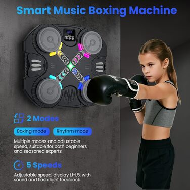 Дитяча боксерська машина з підсвіткою та музикою, Bluetooth, 5 швидкостей, 2 режими тренування, LED, чорна