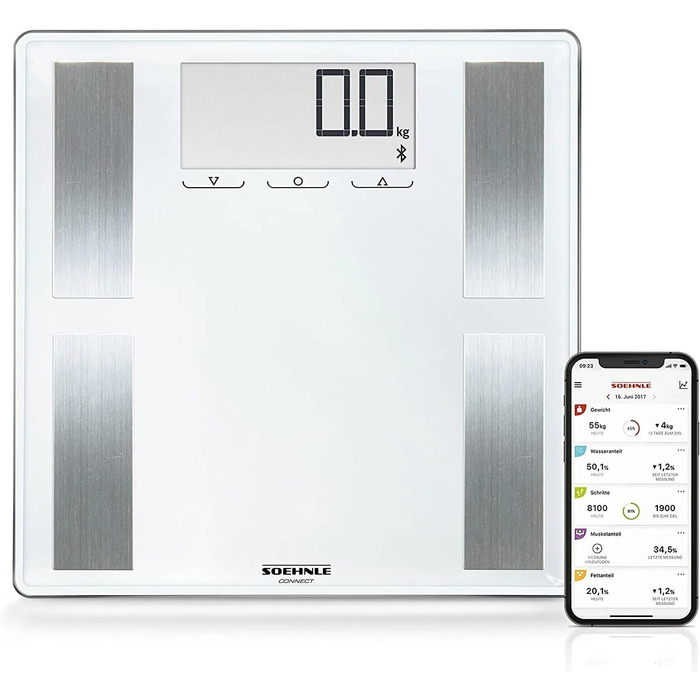 Ваги для аналізу складу тіла Soehnle Shape Sense Connect 100 з Bluetooth, персональні ваги з додатком, BIA-аналіз, великий LCD-дисплей
