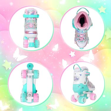 Дитячі ролики Nattork для дівчаток та хлопчиків, регульовані, 4 розміри, ролики на 4 колесах з малюнком метеликів та квітів, подарунок на день народження для занять спортом в приміщенні та на вулиці, розмір M (EU 32-36), Petrol