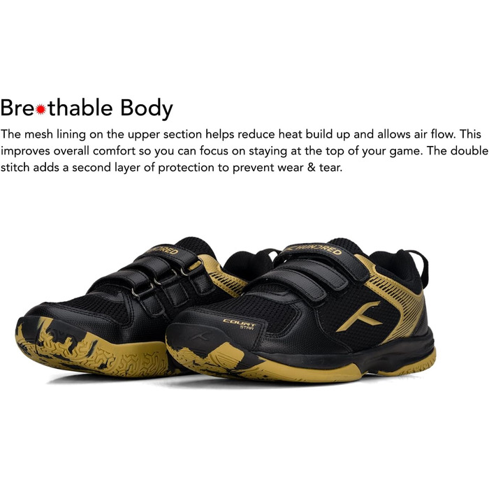 Бадмінтонні кросівки HUNDRED Court Star для дітей/юніорів | Легкі | X-Cushion | Для залу: бадмінтон, теніс, сквош, настільний теніс, баскетбол та падел (Чорний, Золотий, 37 EU)