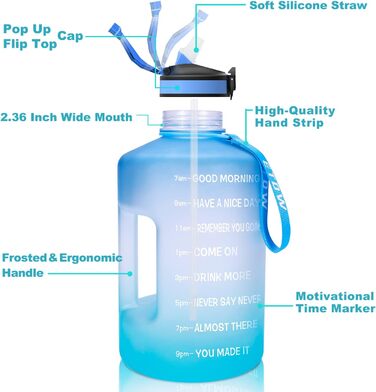 Спортивна пляшка для води 3,78 л з позначеннями часу та трубочкою, BPA Free, витокозахисна, блакитна (3800 мл)