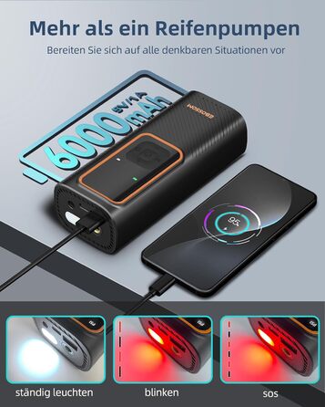 Електрична повітряна помпа 10.3 Bar з акумулятором, 6000mAh та 12V DC, для авто, мото, велосипеда, з LED-ліхтариком та автовимкненням (Оранжева, I7)