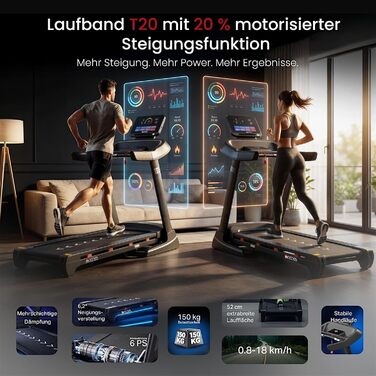 Бігова доріжка AsVIVA T20 Pro для дому: складана, швидкість до 18 км/год, нахил 20%, амортизація, макс. вага 150 кг, тренажер для кардіо та витривалості