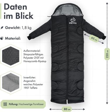 Спальний мішок з рукавами Nature Rovers – дорослий, для кемпінгу та відпочинку на природі (3 сезони), водонепроникний, з отворами для ніг, включає подушку, чорний