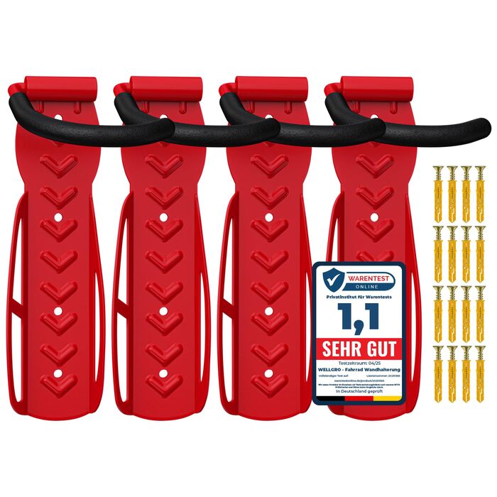 WELLGRO Тримач для велосипеда на стіну - сталевий кронштейн, гачок, стійка - колір на вибір (червоний)