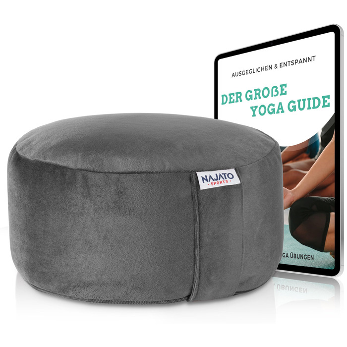 Йога подушка для медитації – кругла подушка з наповнювачем з лушпини гречаниці – 30 см, 14 см, збірна інструкція (PDF), знімний оксамитовий чохол (антрацит)