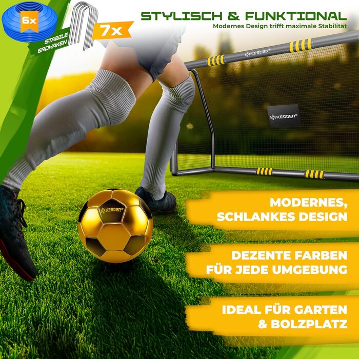 Ворота для футболу KESSER® для саду: міцні, для тренувань на вулиці, з UV-стійкою сіткою, сталевий каркас з покриттям, земляні кілки, насос, фішки, аксесуари для монтажу (240см, антрацит)
