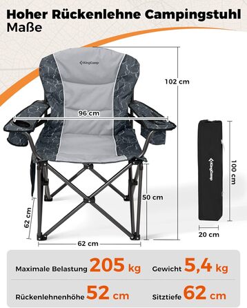 Крісло для кемпінгу KingCamp XXL, 205 кг, чорне, з регульованою спинкою, високе, з кишенею для напоїв та сумкою-холодильником