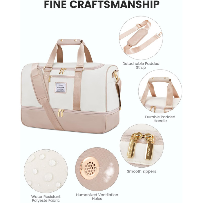 Сумка-валіза LOVEVOOK для жінок, 37L, для подорожей, вихідної подорожі, пологового будинку з косметичкою, відділенням для взуття та мокрих речей, водонепроникна спортивна сумка, Gym Yoga Bag, ручна поклажа для спорту, відпустки, літака, бежево-рожева