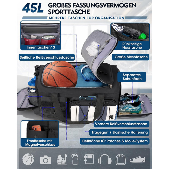 Спортивна сумка RAINSMORE 45L 3-в-1 для фітнесу та подорожей, водонепроникна дорожня сумка з відділенням для взуття та мокрих речей, чорна