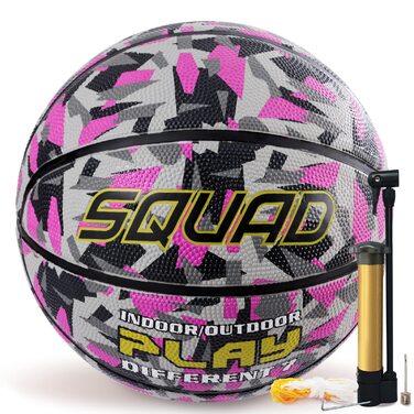 Баскетбольний м'яч Squad, розмір 7, гумовий, камуфляжний дизайн, для дорослих, внутрішні та зовнішні майданчики, з насосом та голкою, рожевий, з аксесуарами