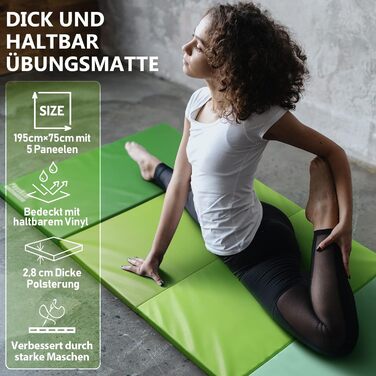 Складаний гімнастичний мат для фітнесу та tumbling 195 x 75 x 3 см, м'який килимок для спорту та ігор з ручками для перенесення, дитячий мат для активних ігор