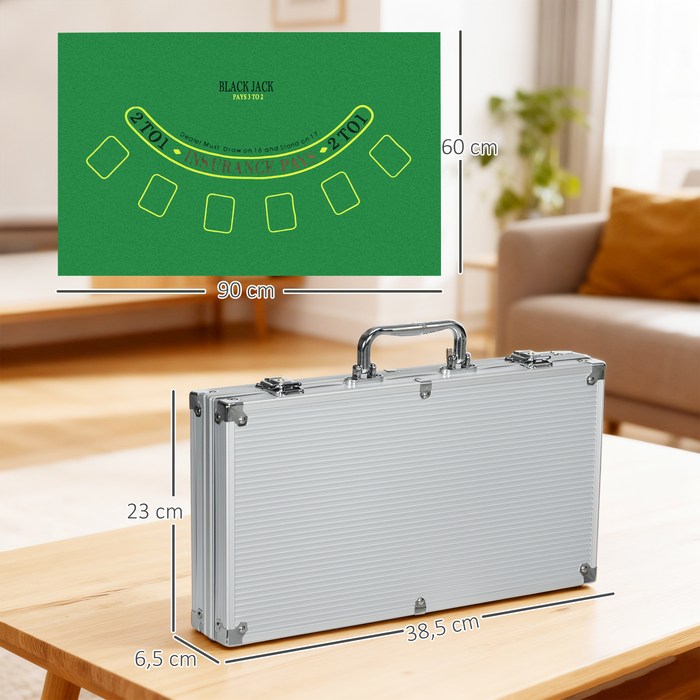 Набір для покеру з аксесуарами та фішками: кейс для покерних фішок, включаючи підставку, комплект з 300 фішок, 2 колодами карт та 5 кубиками.