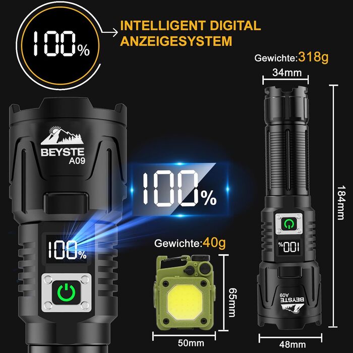 Ліхтарик LED BEYSTE, 500000 Люмен, Тактичний, Зарядний USB-C, Для кемпінгу та надзвичайних ситуацій
