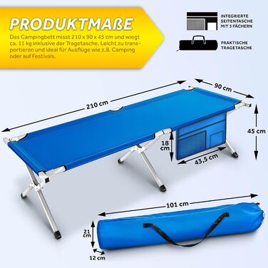 Намет-ліжко TRESKO XXL для кемпінгу, сталевий каркас, 150 кг, 210 x 90 x 42 см, блакитний